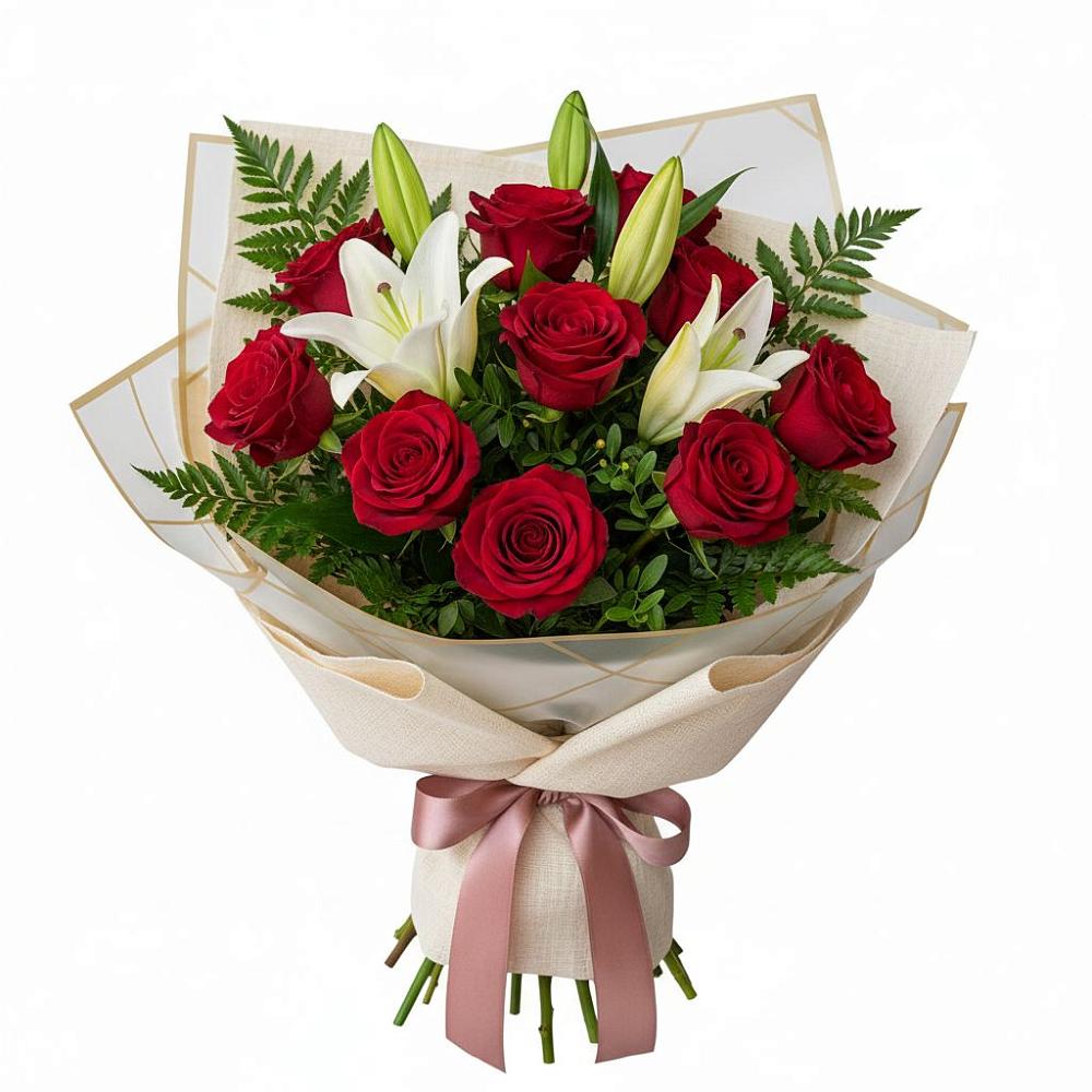 Букет цветов из: Лилии и Розы в Ленинградской