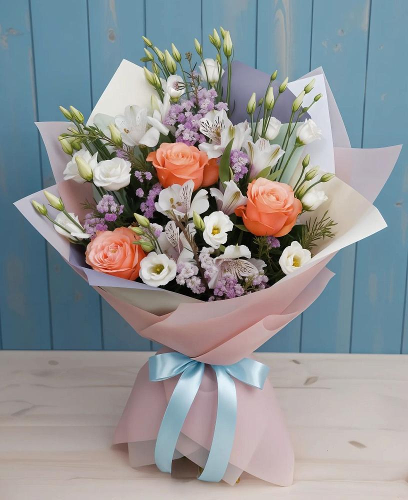 Букет цветов из: Лизиантусы, Розы, Альстромерии и Гипсофила в Ленинградской