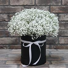 Цветочная композиция из Гипсофила в шляпной коробке в Ленинградской